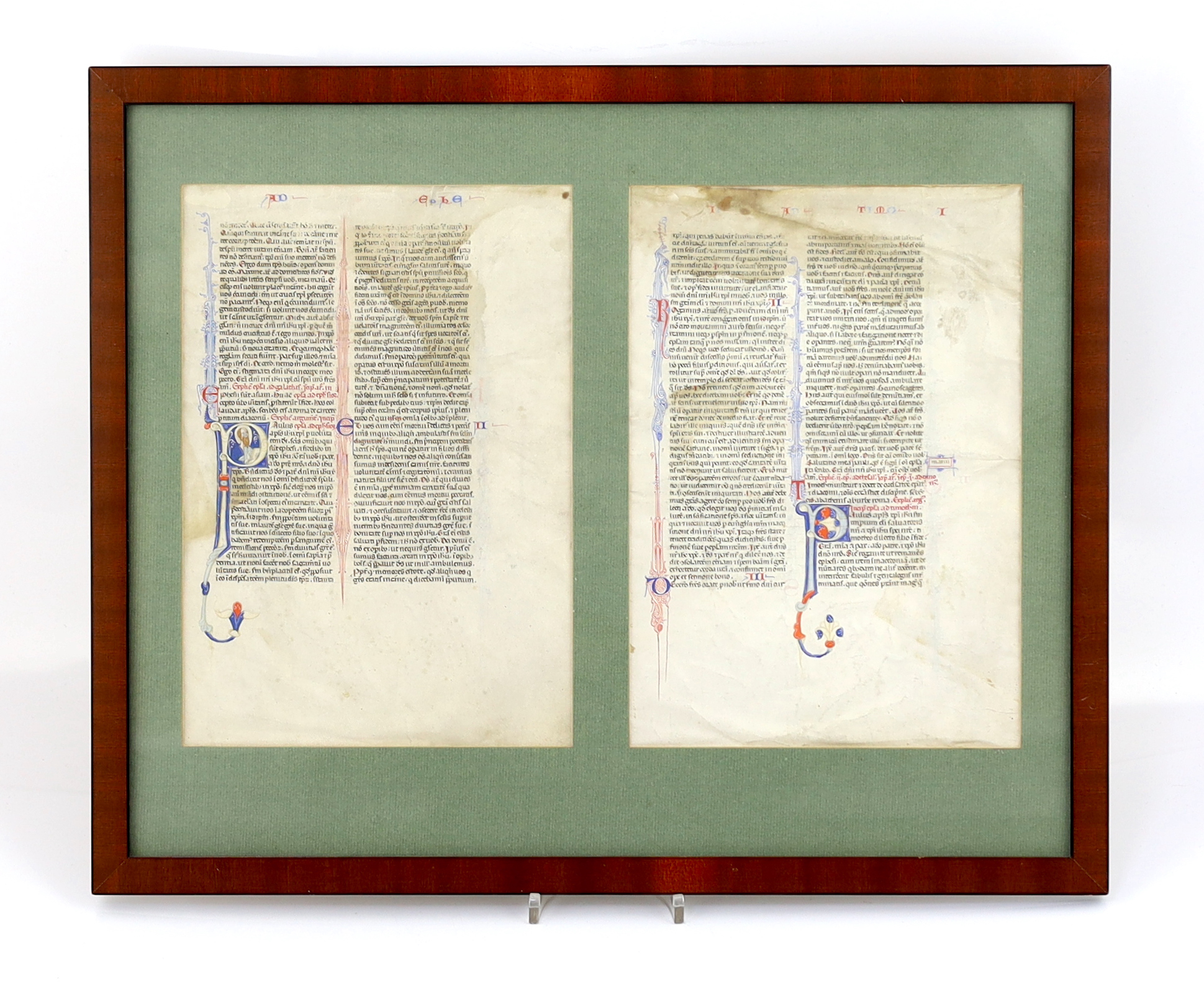 Two non-consecutive vellum leaves from an illuminated bible, containing elements of St Paul’s epistles to the Galatians, Ephesians, Thessalonians and to Timothy; perhaps English, second quarter of the 13th century, 296 x